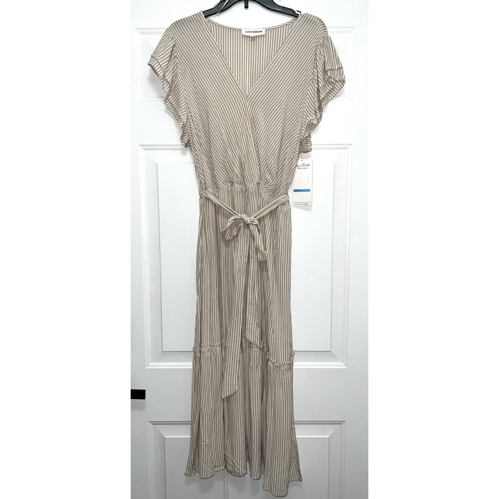 NWT LUCKY BRAND DRESS Midi/maxi XL‎ FLUTTER SLEEVE TAN WHITE BOHO COTTAGECORE
